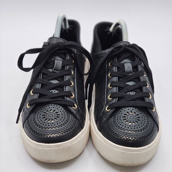 ALDO Sneakers Women’s Black Lace Mandala Cutout Gold Eyelets Size 7 - Picture 1 of 7